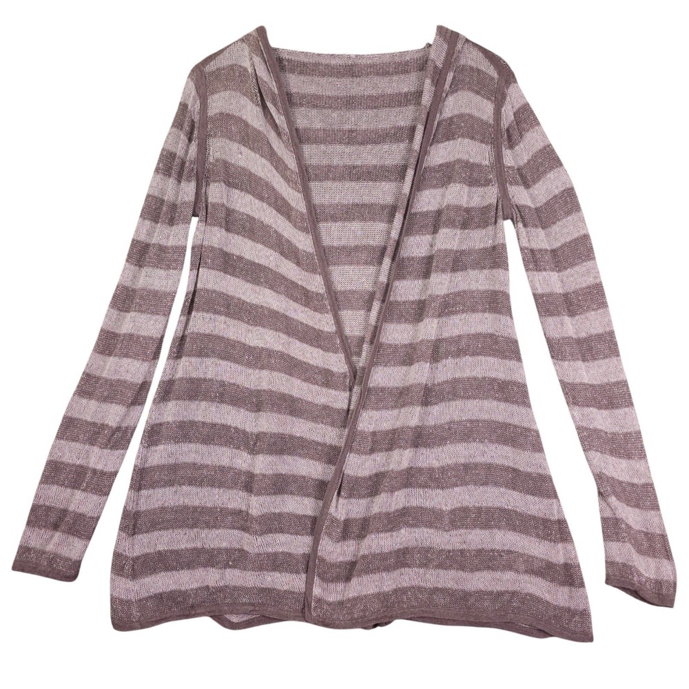 Eileen Fisher Hooded Cardigan Sweater Womens XS Gray Striped Organic Linen Open